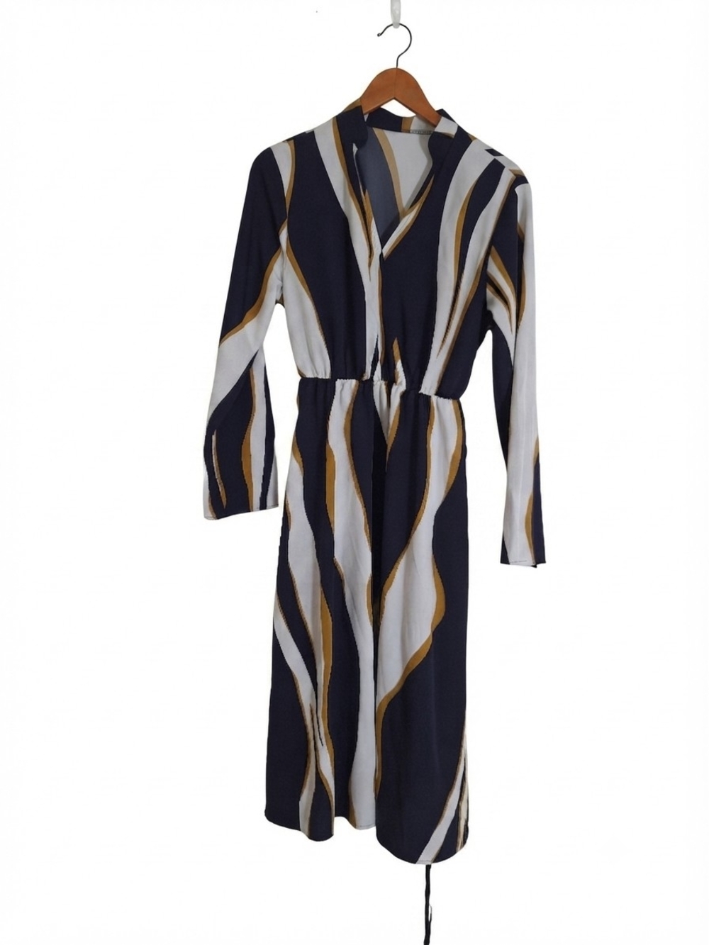 Navy and White Long-Sleeve Gold Stripe Midi Dress